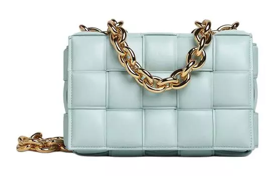 Bottega Veneta Сумка-тоут с цепной кассетой, мягкая, с плетением, бирюзового цвета, с потертостями