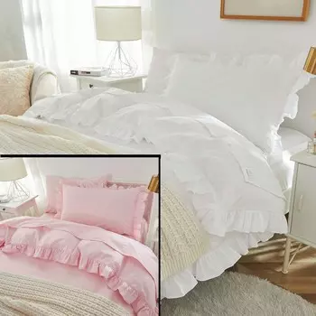 Brandream, 2 комплекта детского пододеяльника, полный/размер королевы, 100% органический хлопок, 6 шт., постельное белье для девочек, пододеяльник, комплект Shams, нежная бахрома с рюшами, однотонный белый и розовый цвет