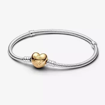 Браслет Pandora Moments Heart Clasp Snake Chain, серебро/золото