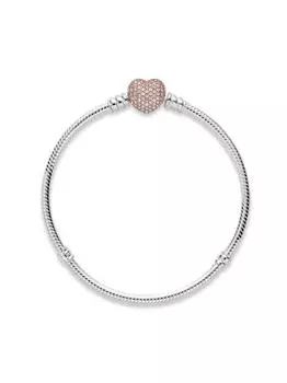 Браслет Pandora Moments Pav Heart Clasp Snake Chain Bracelet, стерлинговое серебро/розовое золото