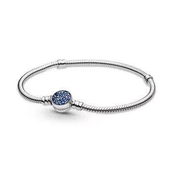 Браслет Pandora Moments Sparkling Blue Disc Clasp Snake Chain, стерлинговое серебро