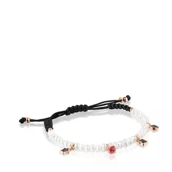 Браслет Tous Motif With Pearls And Black Cord In Rose Silver Vermeil And Gemstones, жемчуг/черный