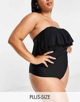 Brave Soul Plus - Черный купальник-бандо с рюшами