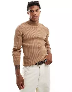 Brave Soul – светло-коричневый хлопковый свитер в рубчик с высоким воротником