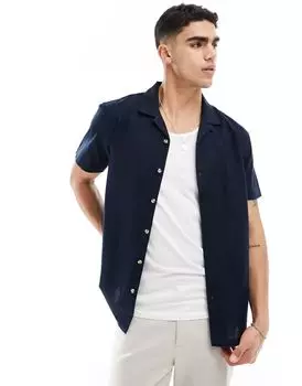 Brave Soul – темно-синяя рубашка с кубинским воротником из смесового льна