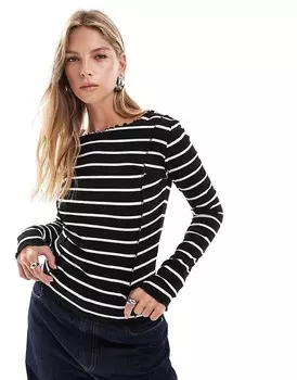 Brave Soul – Топ с длинными рукавами в черно-белую полоску и рюшами по низу