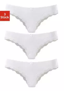 Бразильские трусики LASCANA (3 шт.) из эластичного хлопка с нежным кружевом, белый