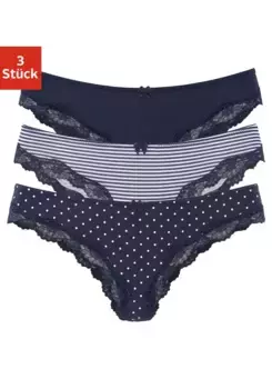 Бразильские трусики LASCANA (3 шт.) из эластичного хлопка с нежным кружевом, синий