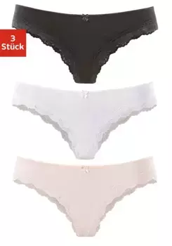 Бразильские трусики LASCANA (3 шт.) из эластичного хлопка с нежным кружевом, белый