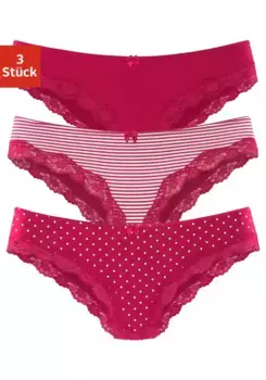 Бразильские трусики LASCANA (3 шт.) из эластичного хлопка с нежным кружевом, цвет Rot-Gestreift, Uni, Gepunktet