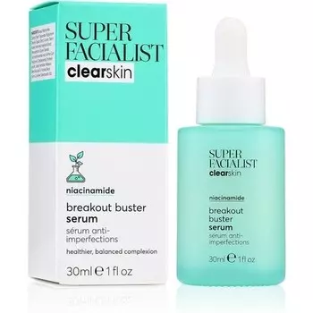 Breakout Buster Serum Clear Skin Solutions Точечная обработка от прыщей с 10% ниацинамидом и маслом чайного дерева с пребиотиками, подходит для веганов, 30 мл Super Facialist
