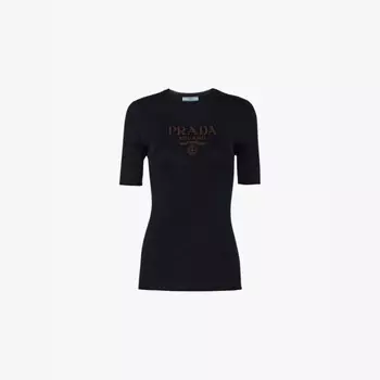 Брендированный трикотажный шелковый топ Prada, синий