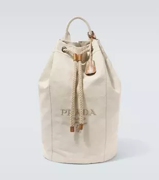 Брезентовая сумка-ведро с вышитым логотипом Prada, Naturale