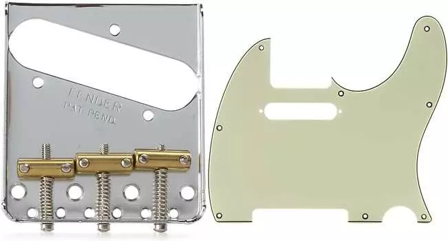 Бридж Fender с 3 седлами American Vintage Telecaster в сборе — хромированный комплект с накладкой Fender Modern Telecaster с 8 отверстиями — 3-слойный, как новый 0992154000=1 0990806100=1