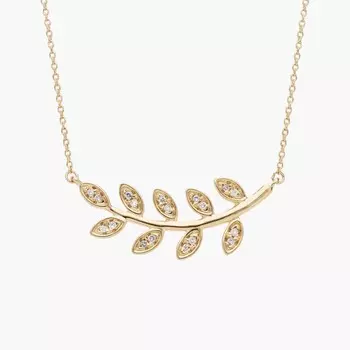 Бриллиантовое вертикальное ожерелье в виде листа из желтого золота 14 карат (1/10 карата). Blue Nile