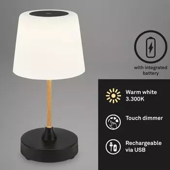 Briloner Leuchten - Светодиодная настольная лампа на батарейках, с регулируемой яркостью, стекло Светодиодная настольная лампа с беспроводной связью, сенсорная функция, теплый белый 3,300K, имитация черного дерева, 300x125 мм (ВxГ), черный
