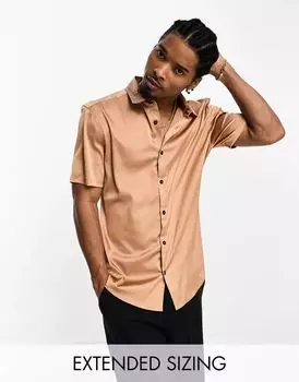 Бронзовая приталенная атласная рубашка с закатанными рукавами ASOS