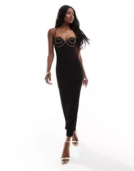 Бронзовое платье-миди с отделкой из страз черного цвета ASOS DESIGN