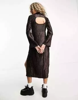 Бронзовое плиссированное платье миди с высоким воротником и высоким воротником Native Youth