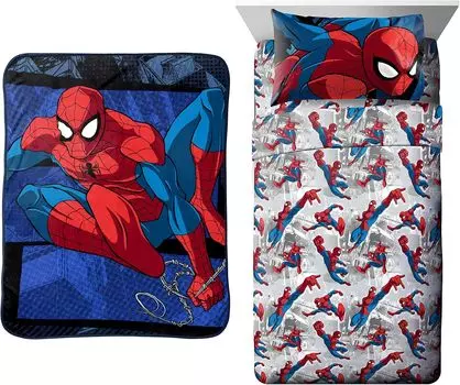 Бросок Jay Franco Marvel Spiderman Burst, комплект из 5 предметов, включает плед и набор простыней