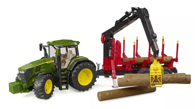 Bruder John Deere 7R 350 с Прицепом-перегрузчиком и 4 стволами деревьев,