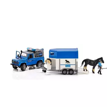 Bruder, Land Rover Defender Police с прицепом для перевозки лошадей, фигуркой лошади и полицейского, 02588