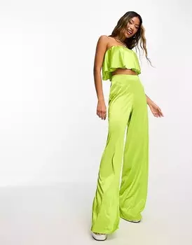 Брюки ASOS DESIGN Co-ord Satin Twill Floaty Wide Leg, лаймовый