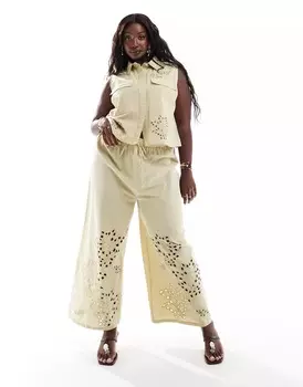 Брюки Asos Design Curve Wide Leg With Cutwork Co-ord, хаки
