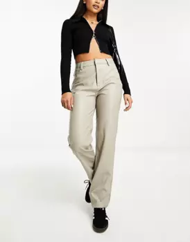 Брюки Asos Design Faux Leather Straight Leg, бежевый