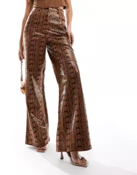 Брюки Asos Design Leather Look Wide Leg In Animal, коричневый/черный