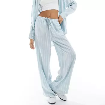 Брюки Asos Design Stripe Wide Leg Pull On With Linen, голубой