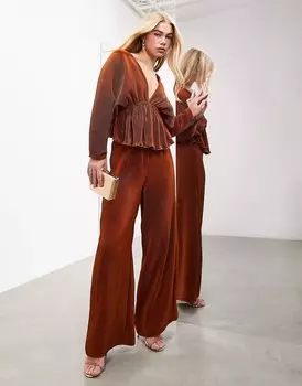Брюки Asos Edition Wide Leg Plisse Pleat Front, темно-оранжевый
