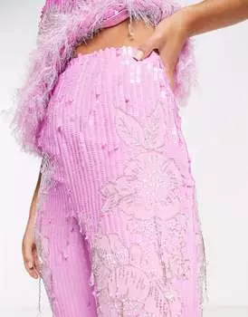 Брюки ASOS с цветочным декором и искусственным пером по подолу розового цвета