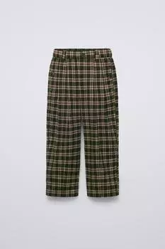 Брюки-баллоны в клетку со складками ZARA, коричневый