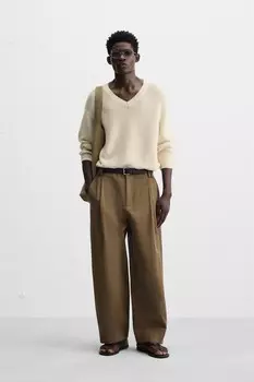 Брюки balloon fit из хлопка и льна ZARA, коричневый
