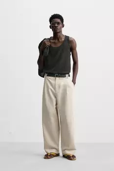 Брюки balloon fit из хлопка и льна ZARA, светло-бежевый