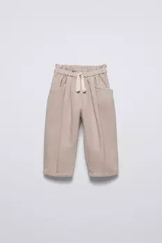 Брюки balloon fit с вытяжками ZARA, экрю
