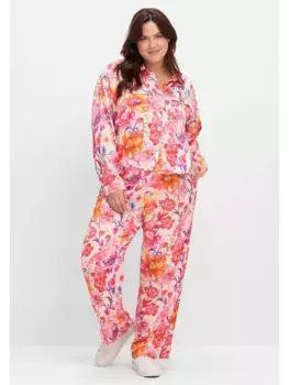 Брюки без застежки Sheego "больших размеров", с цветочным принтом, прямого, свободного кроя, розовый