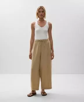Брюки-бочонки из 100% льна Oysho, средний хаки