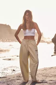 Брюки-бочонки с контрастной талией ZARA, цвет stone