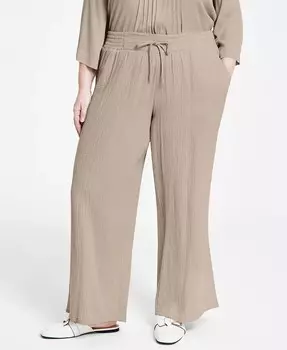 Брюки больших размеров из марли с завязками JM Collection, бежевый