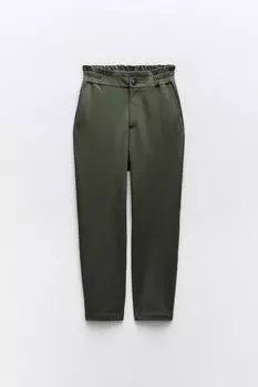 Брюки бумажного пакета с эластичным поясом ZARA, хаки