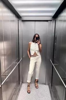 Брюки чинос с плетеным поясом ZARA, экрю