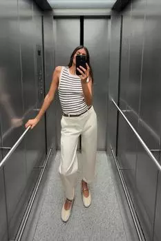 Брюки-чинос с плетеным поясом ZARA, экрю