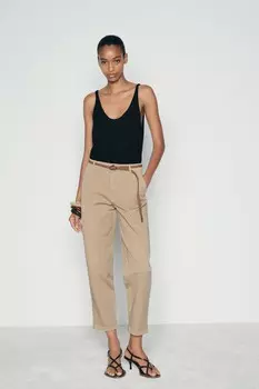 Брюки чинос с плетеным поясом ZARA, средний кэмел