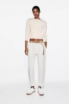 Брюки-чиносы с плетенным поясом ZARA, экрю