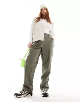Брюки цвета хаки из стираной кожи с регулируемой талией ASOS DESIGN Curve