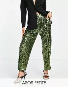 Брюки цвета хаки с напуском и пайетками ASOS DESIGN Petite