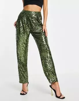 Брюки цвета хаки с напуском и пайетками ASOS DESIGN