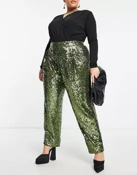 Брюки цвета хаки с напуском и пайетками ASOS DESIGN Curve